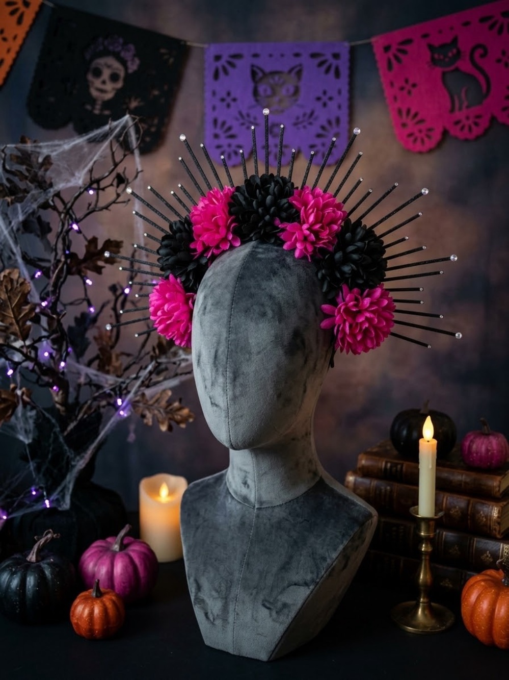🌺 Vibrant Mexican Pink & Black Día de los Muertos Halo Crown 🕷️